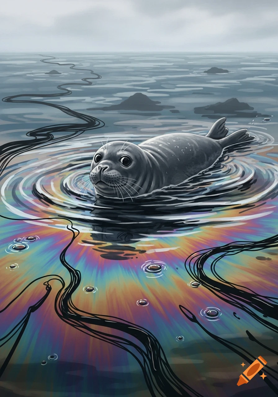 Illustration of a frightened seal swimming in water polluted with a colorful oil slick and black oil tendrils.