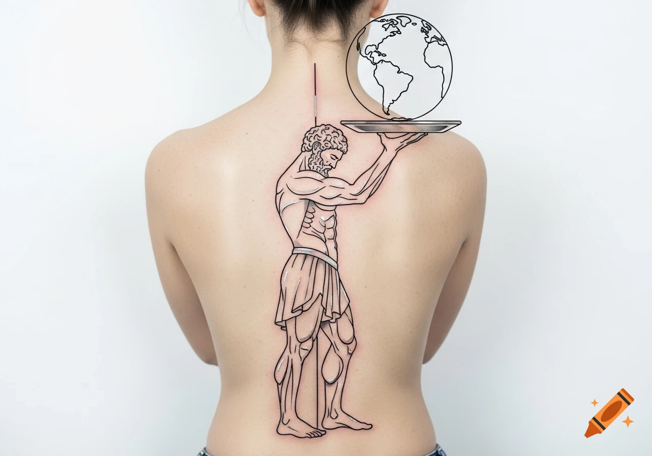 Minimalistic black outline tattoo of Atlas holding a platter with the Earth globe on a woman's bare back.