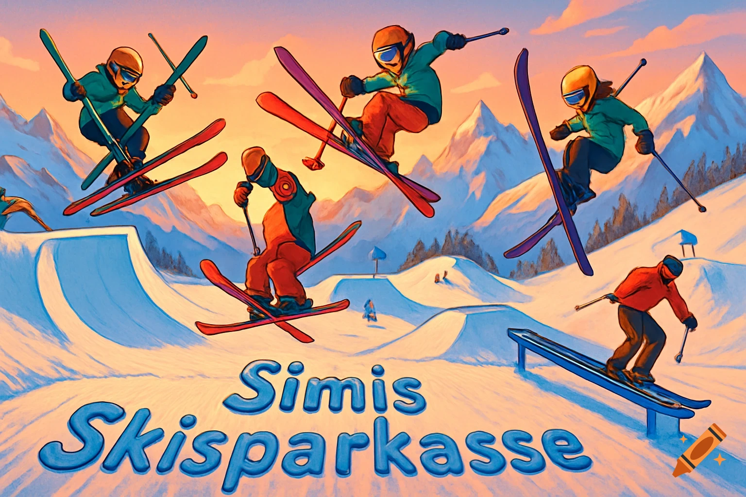 A group of stylized skiers perform jumps and tricks in a vibrant snowpark with mountains under an orange sky, featuring the text "Simis Skisparkasse".