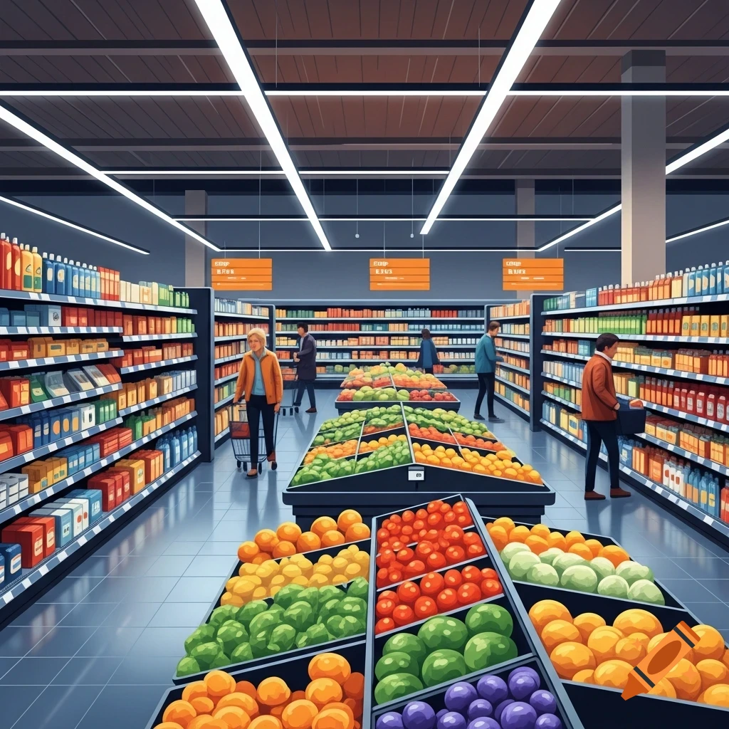 Stylized illustration of a bustling supermarket aisle with shoppers, product-filled shelves, and large displays of fresh fruits and vegetables.