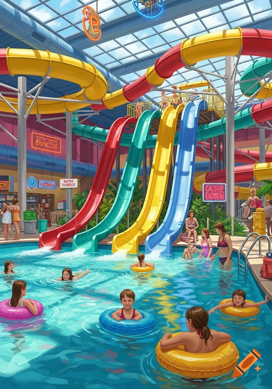 Colorful indoor waterpark with multiple slides, pools, and people swimming and relaxing, in a 1990s illustration style.