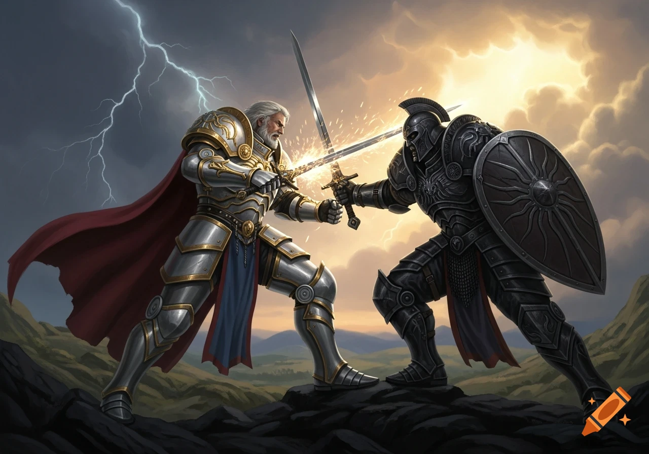 Two armored knights clash swords on rocky terrain under a stormy sky with lightning.