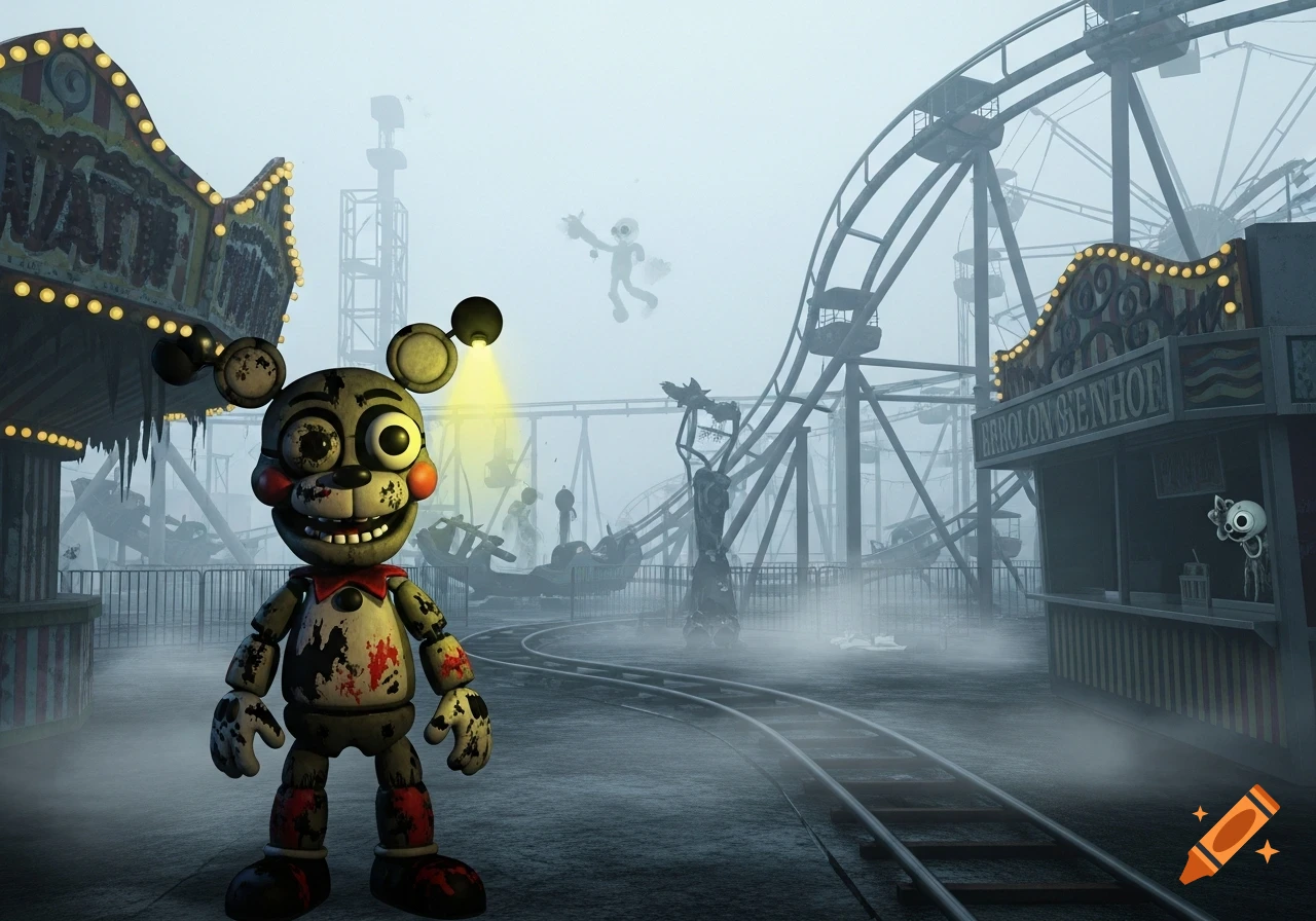 A damaged animatronic bear with wide eyes and a smile stands in a foggy, abandoned amusement park with a Ferris wheel.