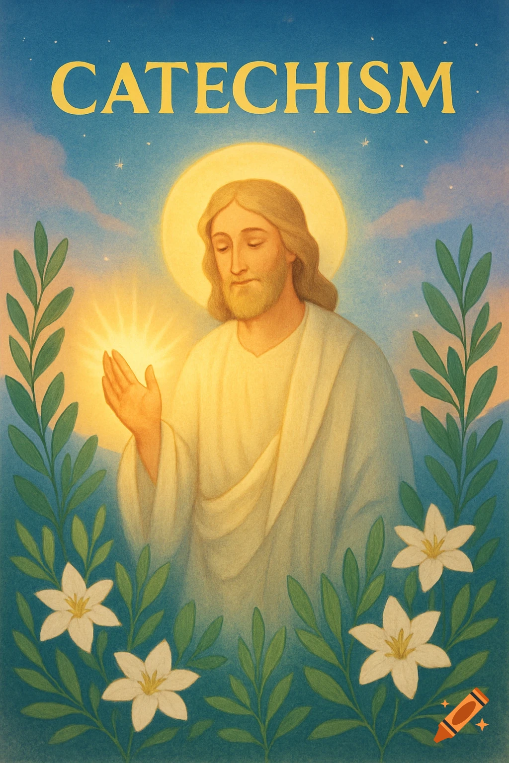Illustration of Jesus Christ with a halo, a glowing hand, surrounded by lilies and green foliage under a starry sky. The text 'CATECHISM' is at the top.