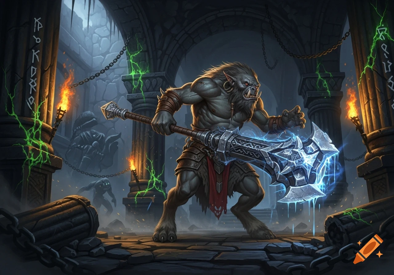 A muscular gray Gnoll creature stands in a dark dungeon, holding a large, glowing blue war hammer. Torches light the stone columns and archways, with green magical energy flowing through cracks.