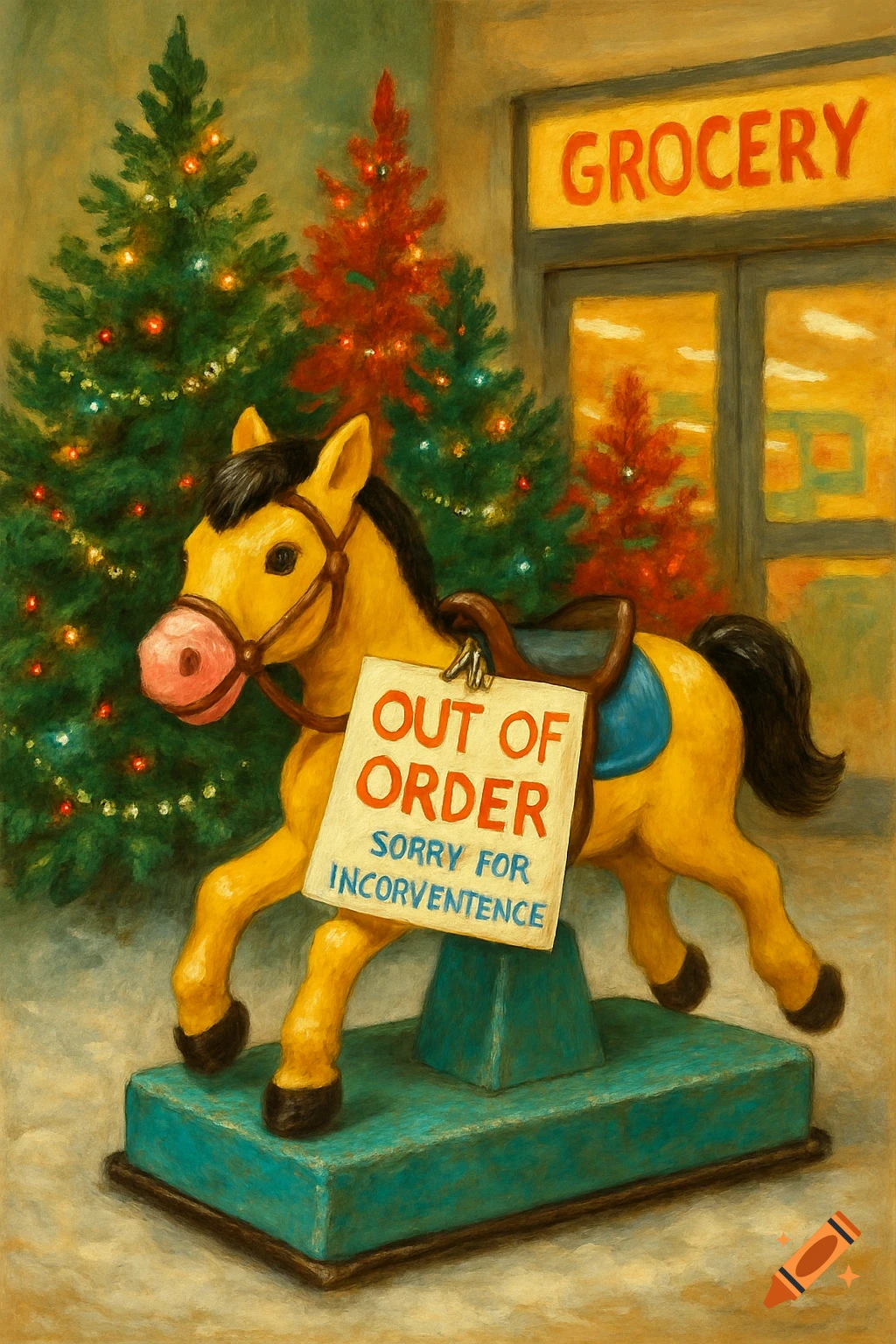 Oil painting of a yellow kiddie pony ride with an 'Out of Order' sign, set in front of a grocery store and Christmas trees.