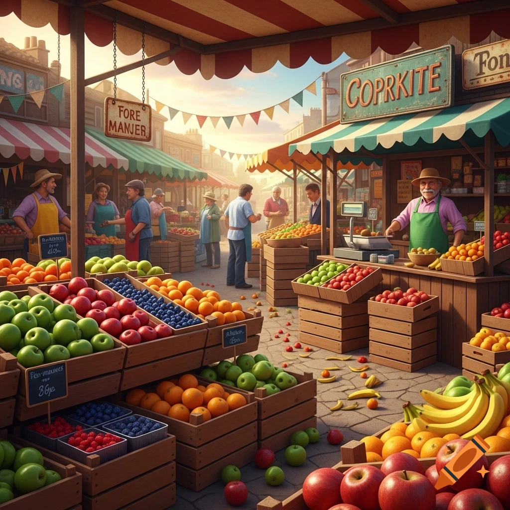 A vibrant fruit market scene with vendors and customers, featuring abundant crates of apples, oranges, blueberries, and bananas under striped awnings.