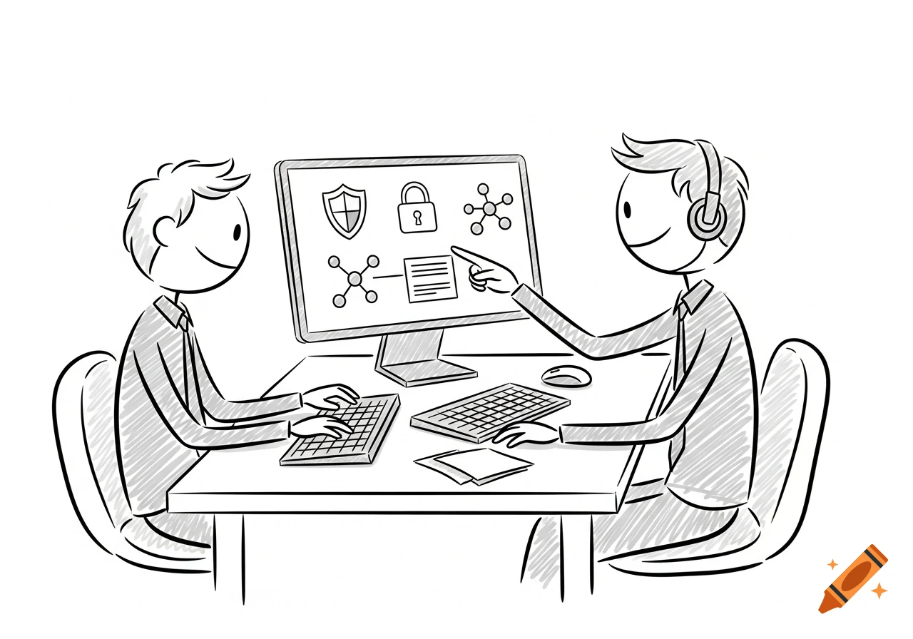 Simple sketch of two stick-figure cybersecurity staff at a desk, one typing and one pointing at a screen showing security icons.