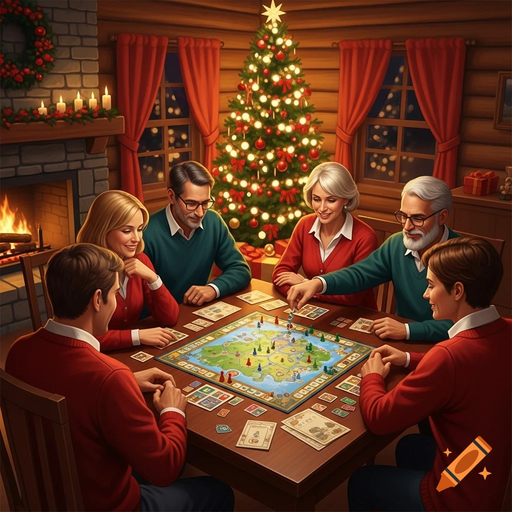A family plays a board game at a wooden table in a cozy, decorated cabin with a fireplace and lit Christmas tree.