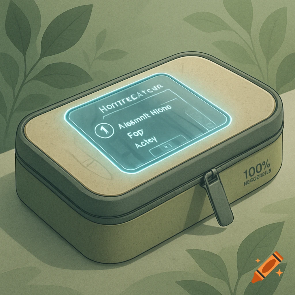 A beige and dark green futuristic school pencil case with a glowing blue screen displaying garbled text. Green leaves frame the background.