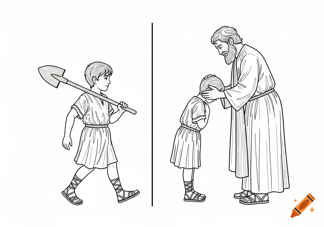 Black-and-white line drawing in two panels: a boy with a shovel, and the boy bowing to a bearded man.