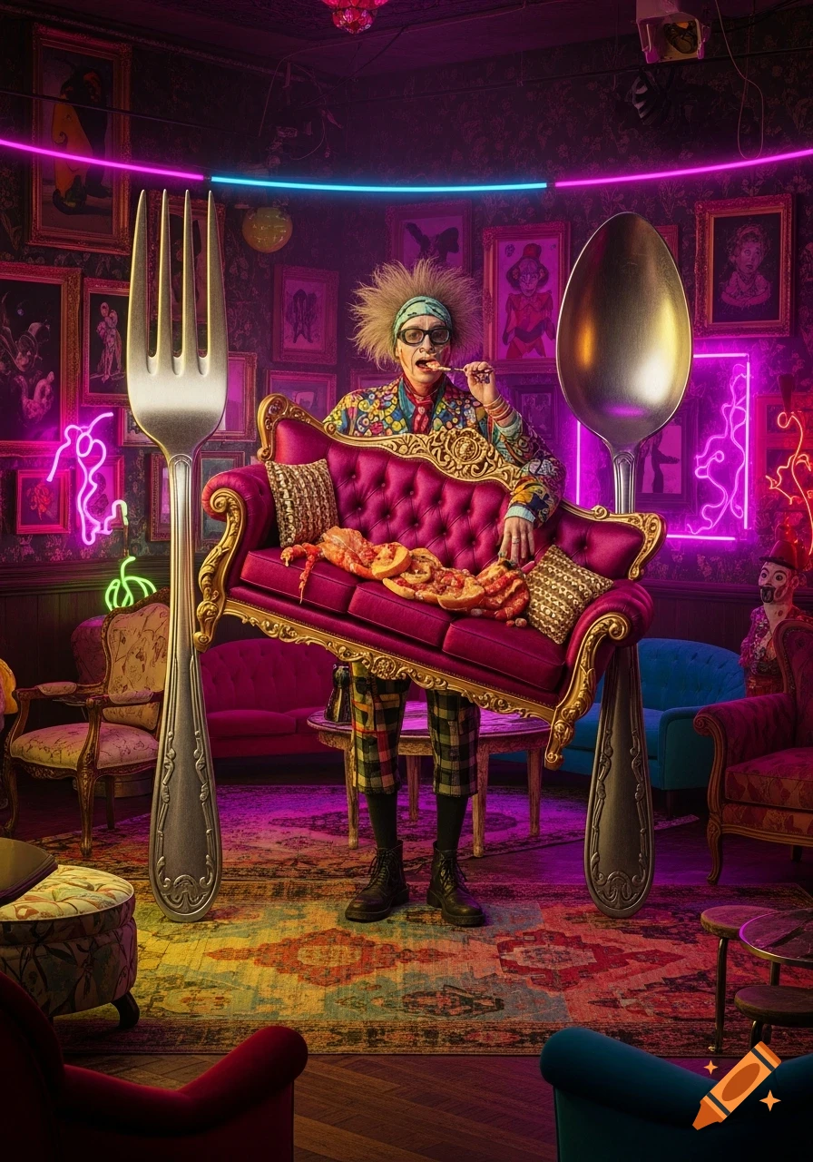 A weirdly dressed person sits on a vibrant pink couch, held by giant cutlery, eating food in a neon-lit, cluttered room.