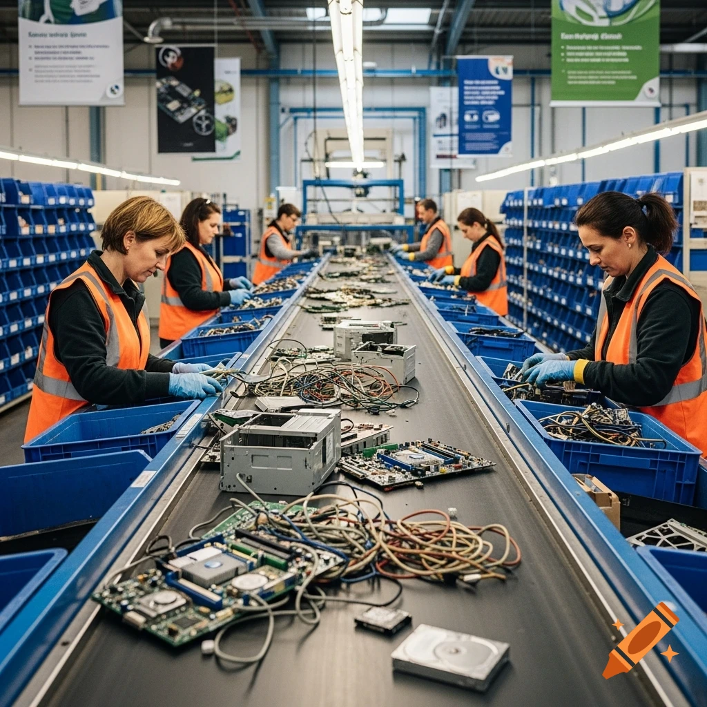 Workers in orange vests sort electronic waste on a conveyor belt in a large recycling facility.