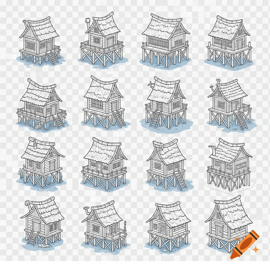 A grid of 16 isometric line art illustrations of various stilt houses with thatched roofs and wooden foundations, on a transparent background.