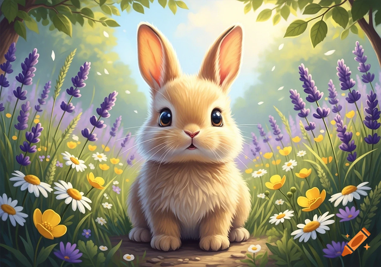 A very cute, fluffy light brown bunny sits among purple lavender, white daisies, and yellow flowers in a vibrant cartoon illustration.