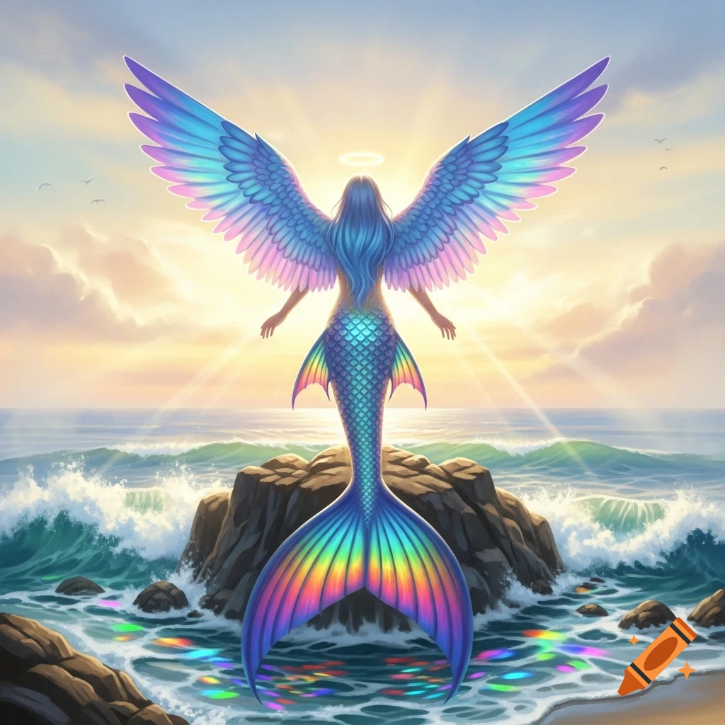 A mermaid with vibrant rainbow wings and tail stands on rocks in the ocean at sunset, back to viewer.