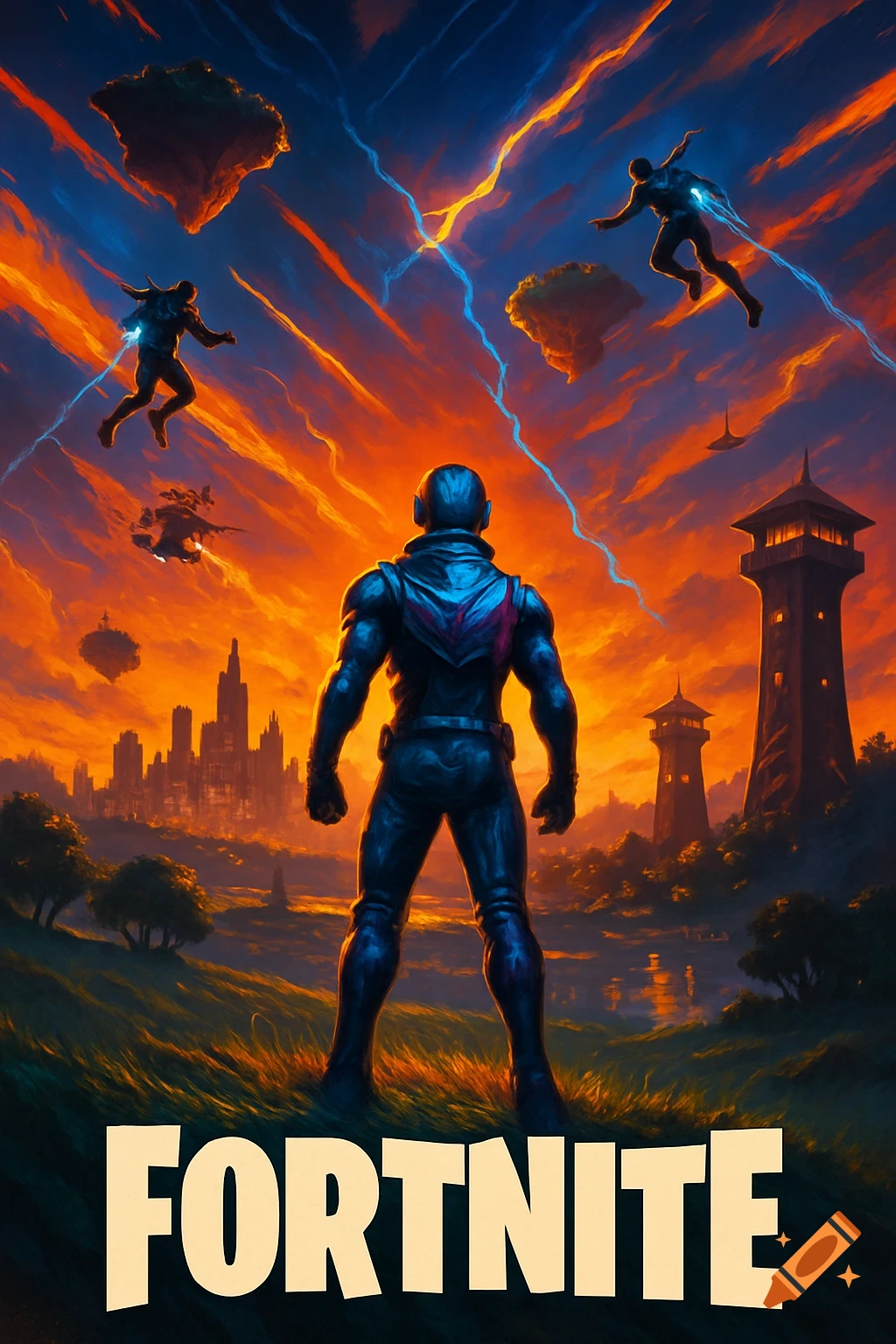 Dramatic Fortnite movie poster with a character viewing a city at sunset, flying characters, and floating islands. Text 'FORTNITE' at bottom.