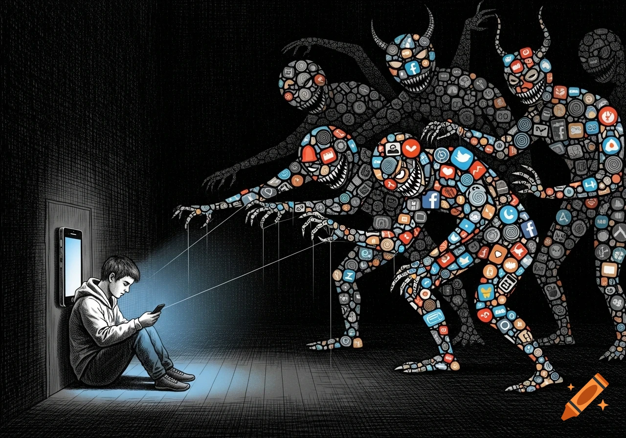 A stylized etching depicts a teenager fixated on a glowing smartphone, while demonic figures made of social media icons control him with strings from the dark background.