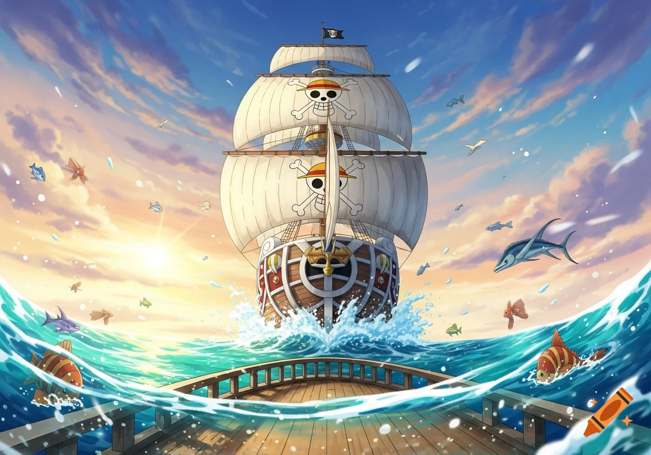 The Thousand Sunny pirate ship sails on a vibrant ocean at sunset, with colorful fish and birds flying around, in an anime style.