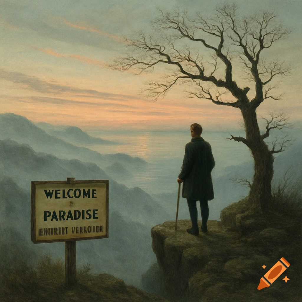 A lone man views a misty valley and sea from a cliff at sunset, next to a sign reading 'Welcome Paradise - Eintritt Verboten,' in a painted style.