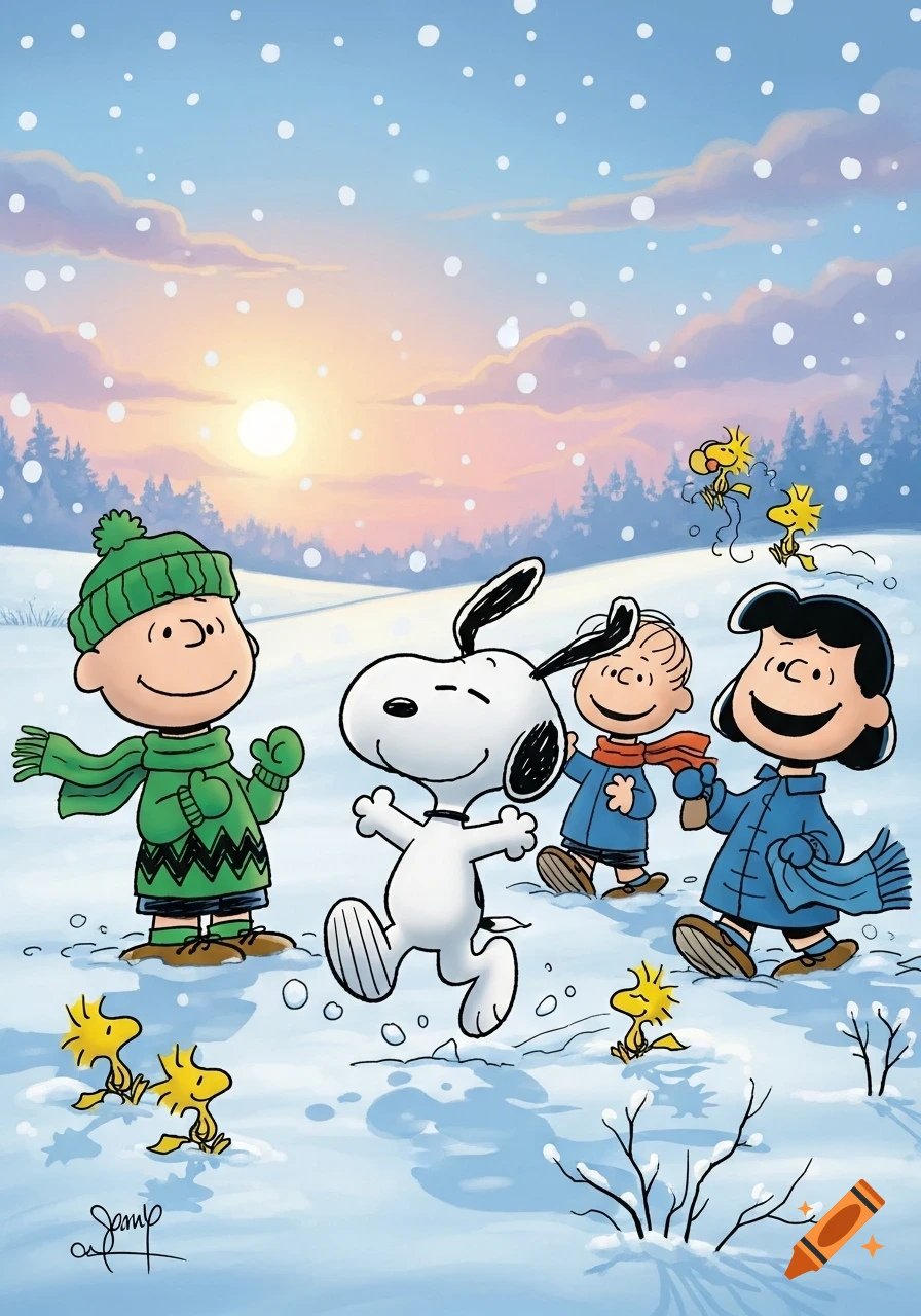 Snoopy, Charlie Brown, Linus, Lucy, and Woodstock play happily in a snowy landscape during a colorful sunset.