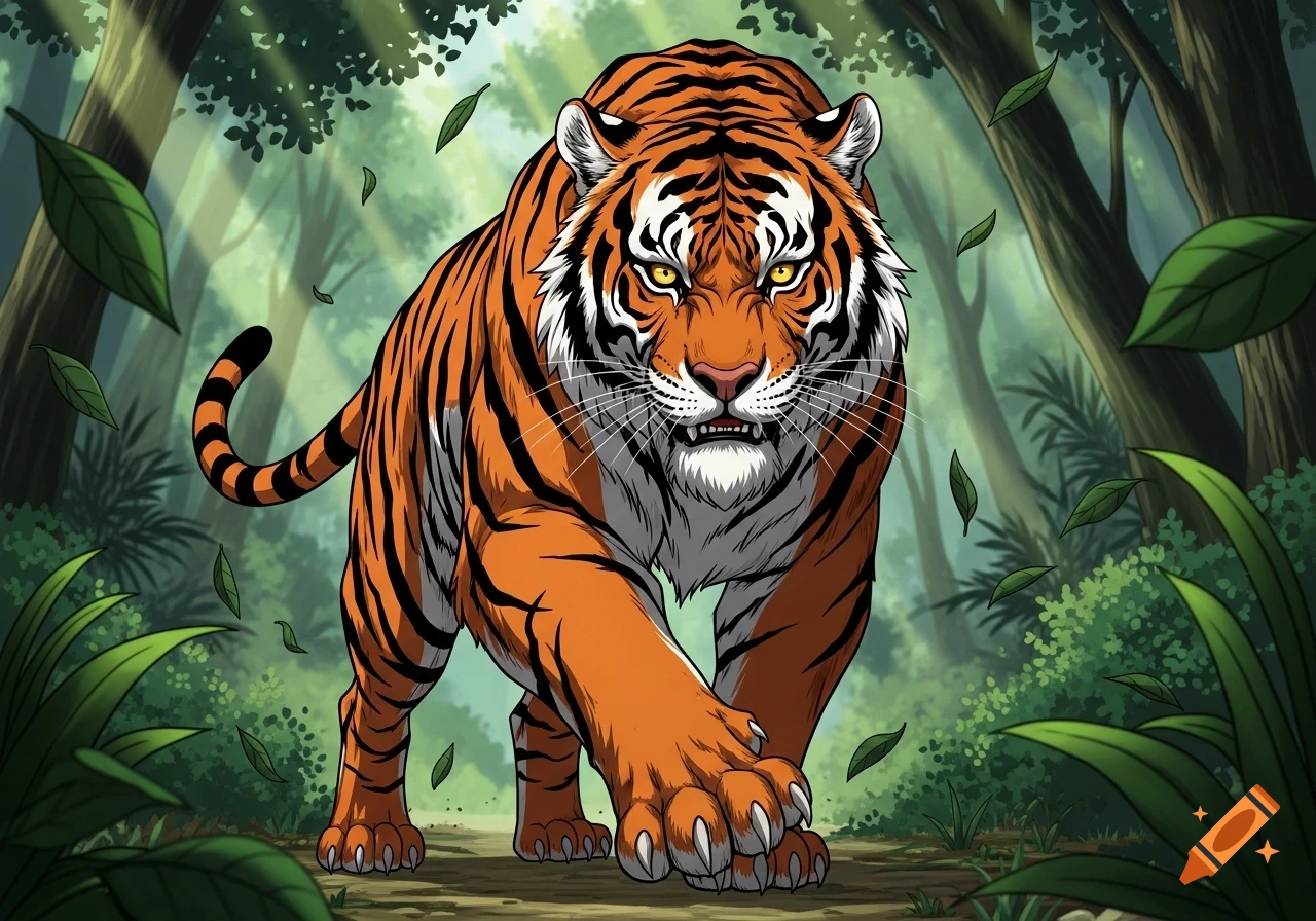 Aggressive anime tiger with yellow eyes walking through a lush green jungle.