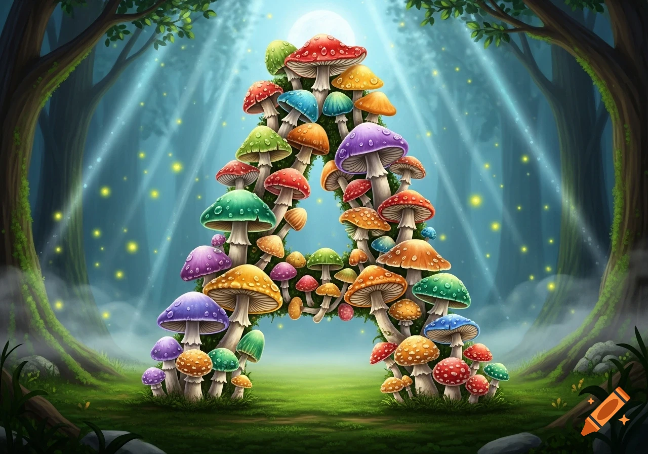 Colorful mushrooms arranged to form a capital letter A in a mystical, glowing forest with sunlight rays.