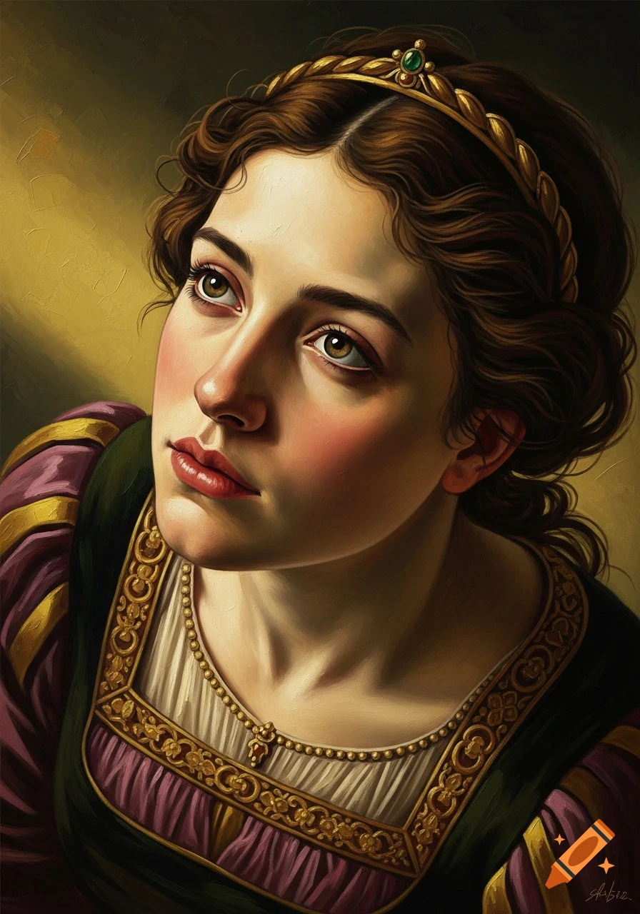 Oil painting of a young woman in Renaissance attire and a golden crown, looking upwards with a melancholic expression.