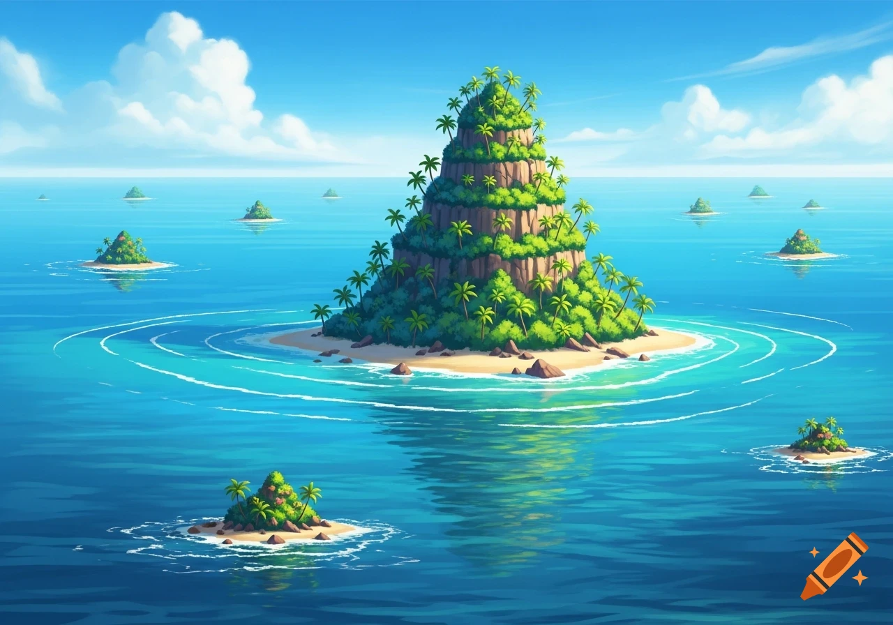 A vibrant cartoon-style aerial view of a large, lush green island covered in palm trees, surrounded by turquoise ocean and smaller islands under a clear blue sky.