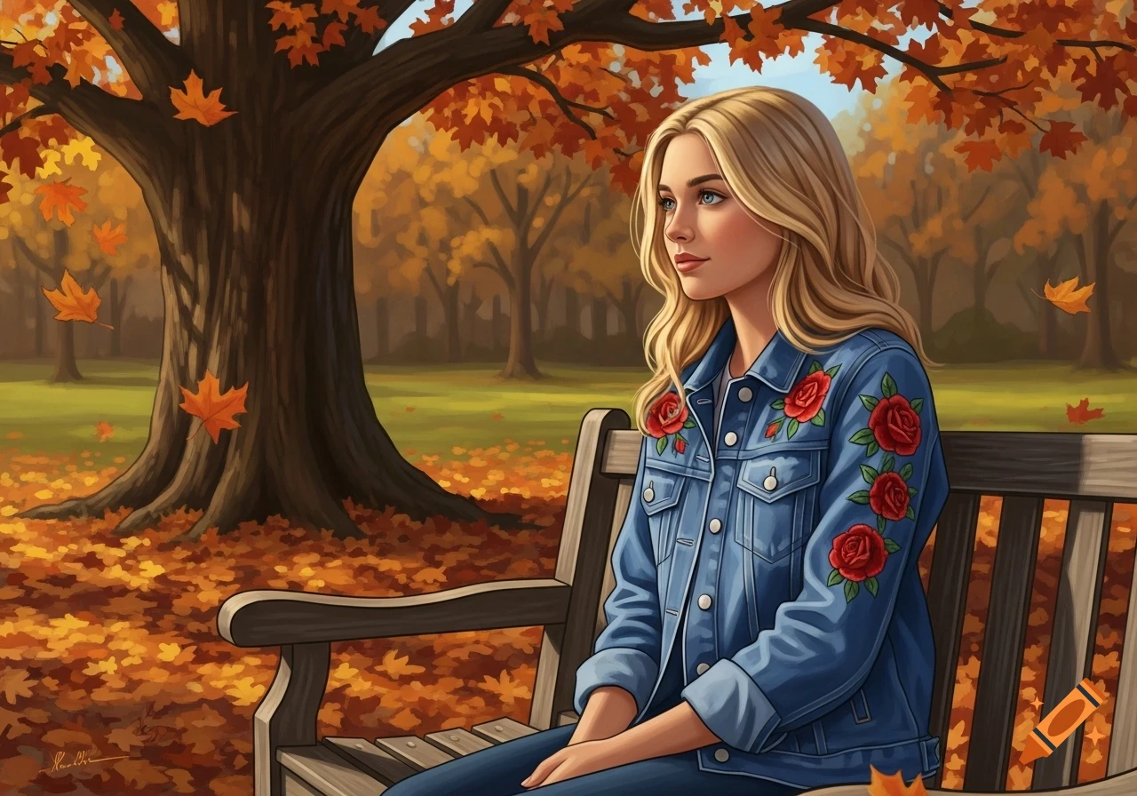 A blonde woman in a denim jacket adorned with red roses sits on a wooden bench in an autumn park under a tree with falling leaves.