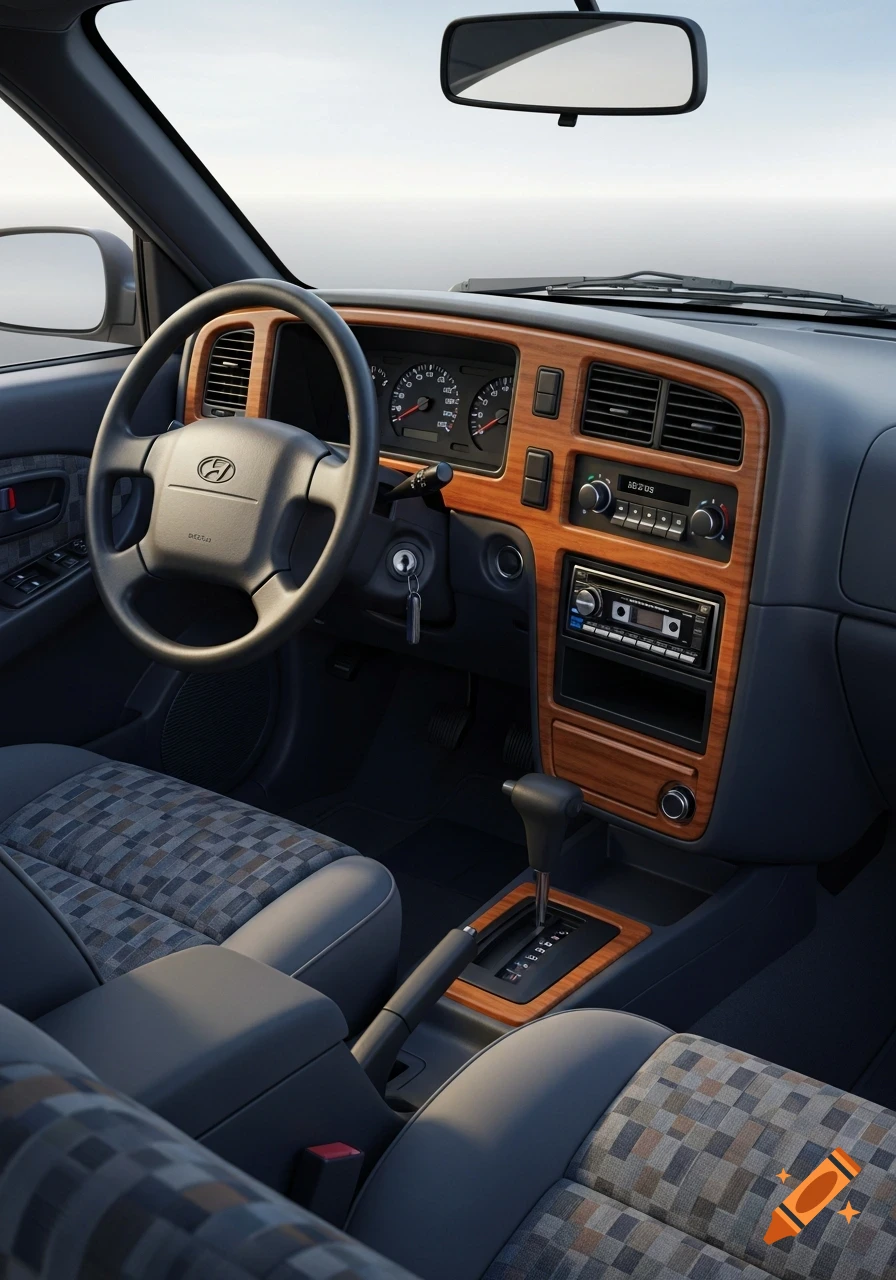 Photorealistic interior view of a 1992 Hyundai car dashboard with wood trim, steering wheel, and cloth seats.