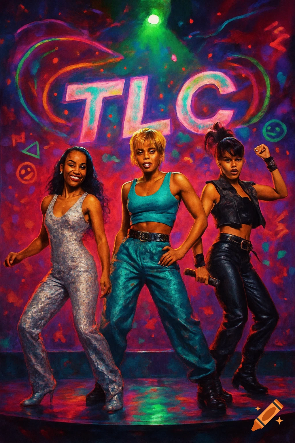 Vibrant painterly image of the musical group TLC posing on a stage, with their name "TLC" in neon letters.