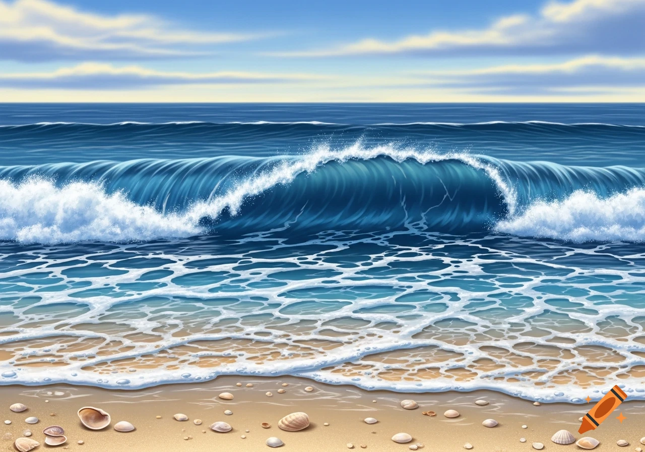 Stylized illustration of a large blue ocean wave crashing on a sandy beach with seashells under a blue sky.