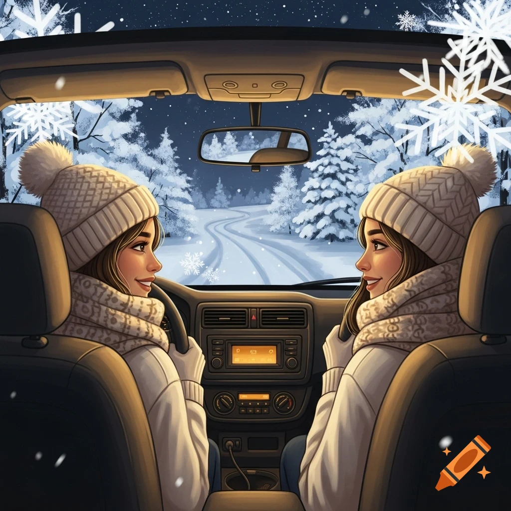 Illustration of two young women driving a car on a snowy winter road at night.