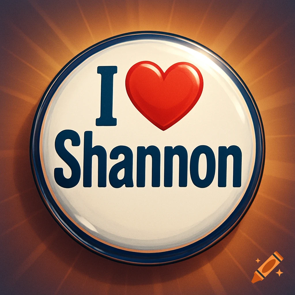 A shiny round button with blue text "I ed-heart-symbol Shannon" and a red heart on a radiant warm background.