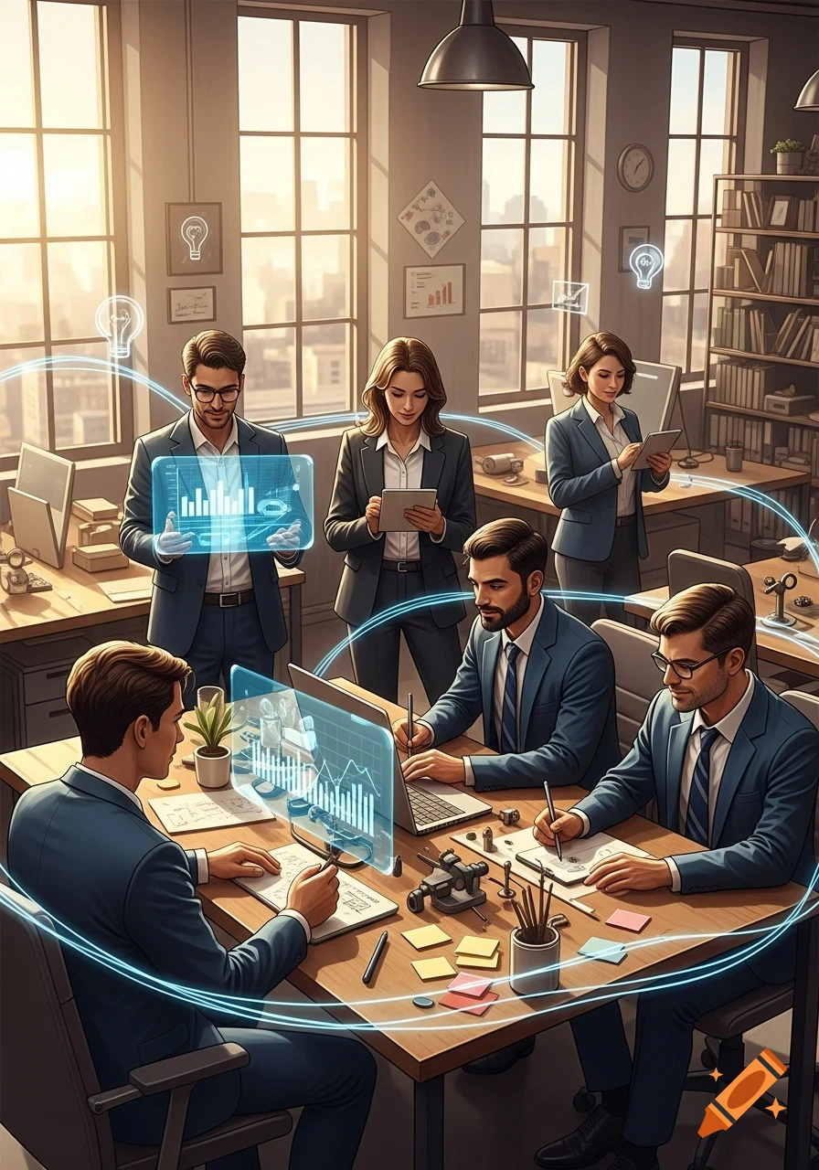 A diverse team of business professionals collaborating in a sunlit modern office, with holographic data displays.