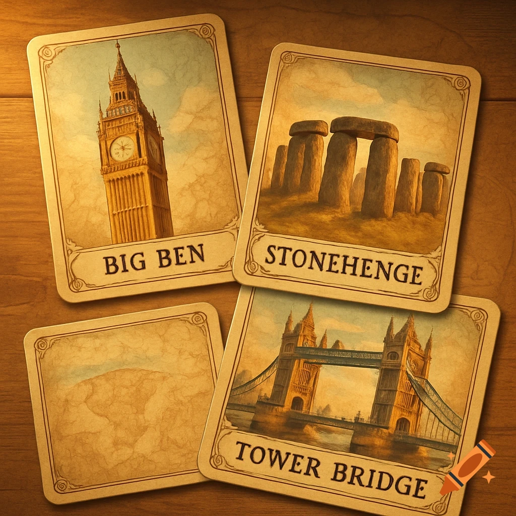 Four vintage-style flashcards on a wooden table show Big Ben, Stonehenge, Tower Bridge, and a blank card.