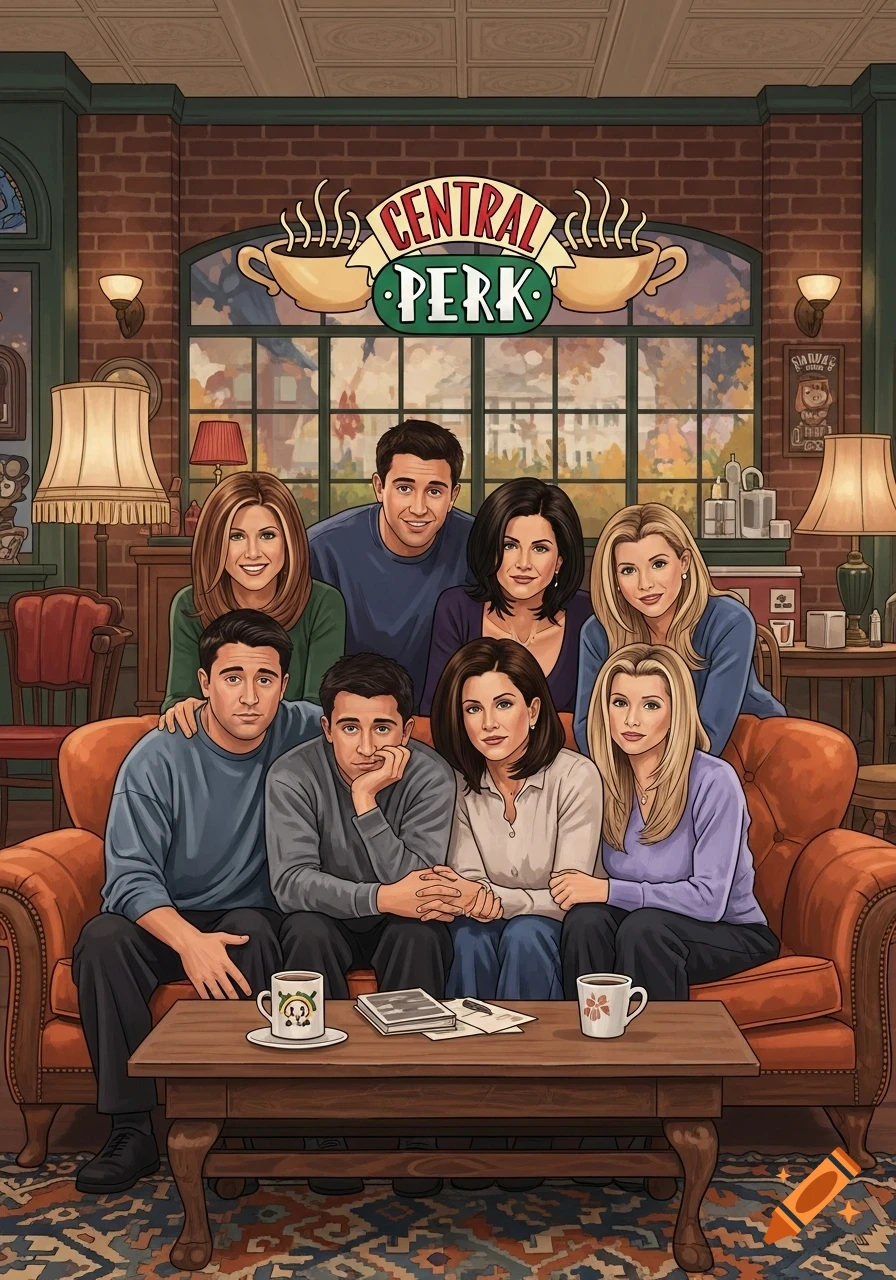 An illustration of the six main Friends characters smiling in the Central Perk coffee shop.