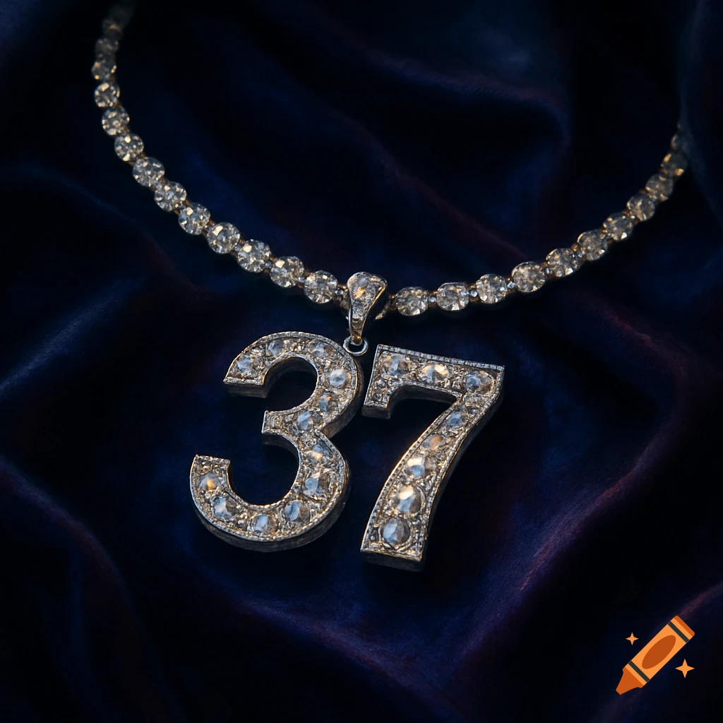 A diamond necklace with a '37' pendant rests on dark blue velvet.
