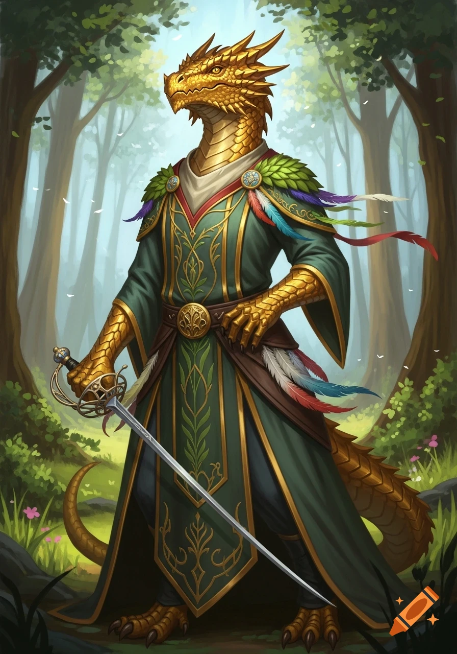 A golden dragonborn druid in ornate green robes stands in a lush forest, holding a French-style rapier, in a painterly fantasy style.
