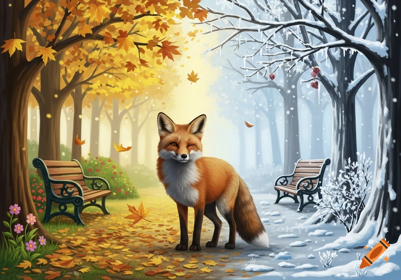 A charming illustration of a winking fox standing in a park split between a vibrant autumn scene with yellow leaves and a snowy winter landscape.