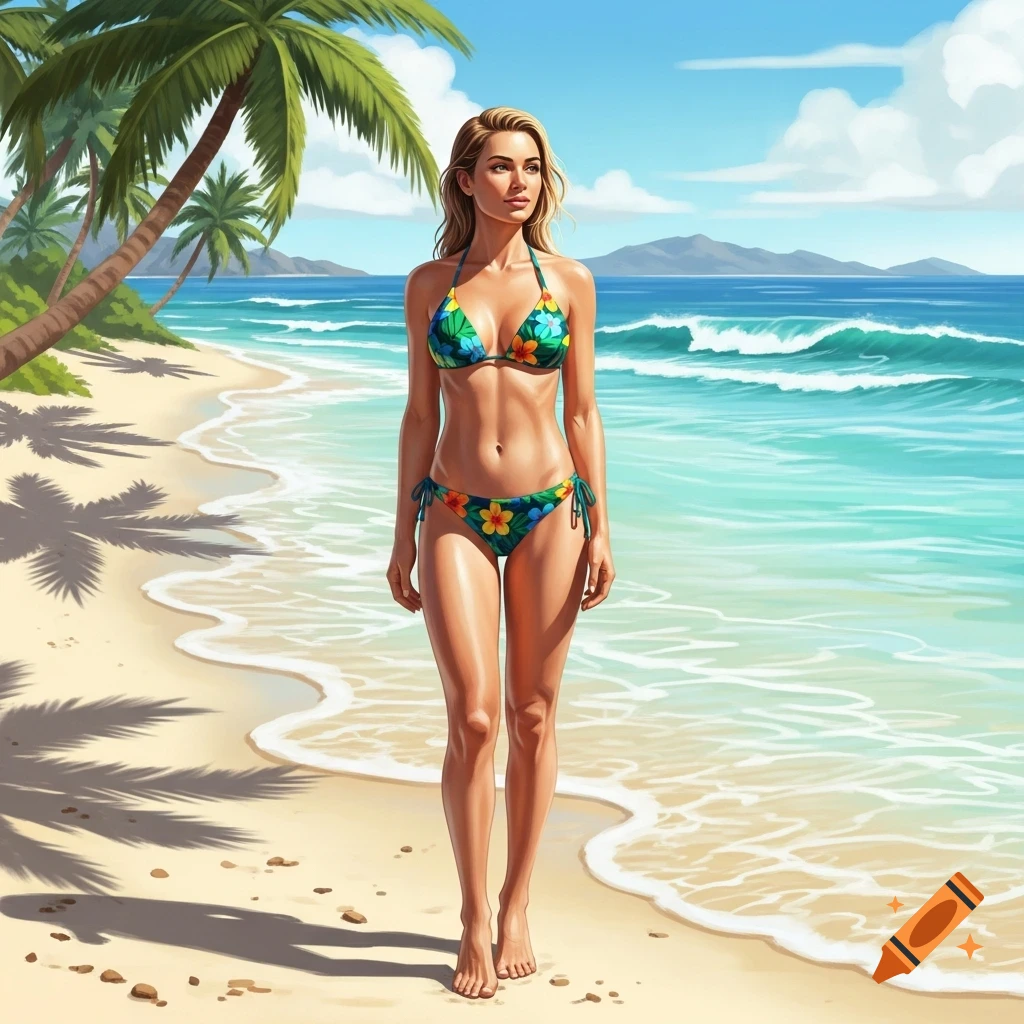A woman in a floral bikini walks along a sandy beach with palm trees and ocean waves under a blue sky.