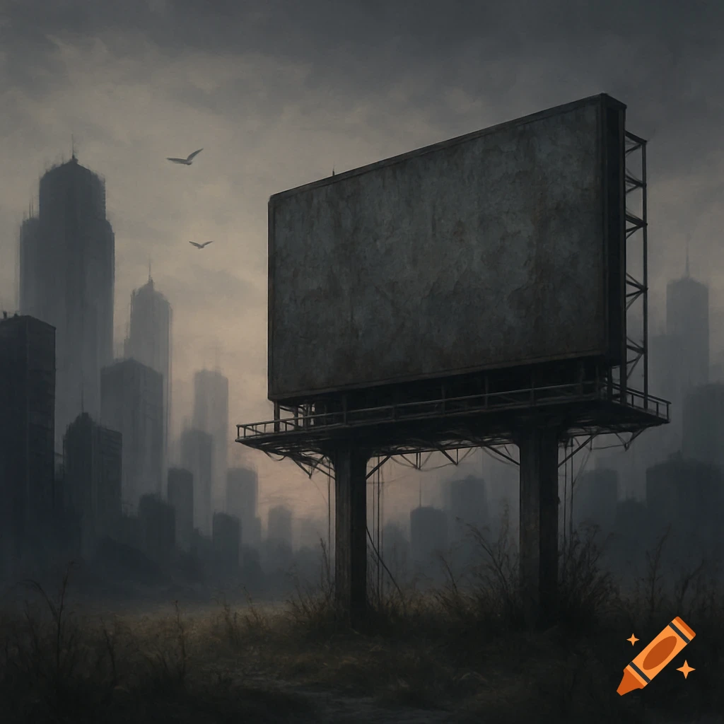 A gloomy, desolate cityscape with an empty, weathered billboard in the foreground and blurred high-rise buildings in the foggy background.