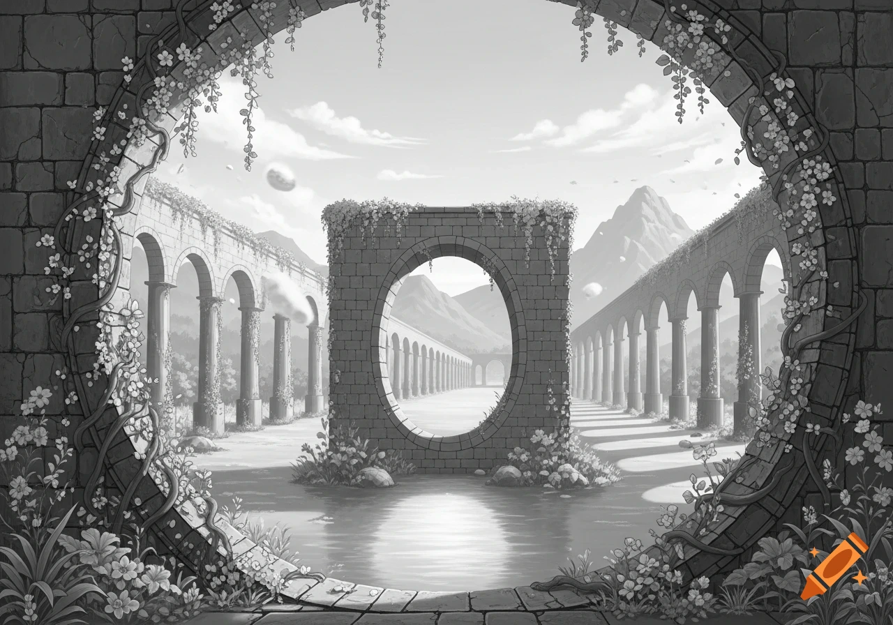 A grayscale illustration of an ancient, vine-covered stone archway framing a central oval passage, with long aqueducts, mountains, and a cloudy sky in the background.