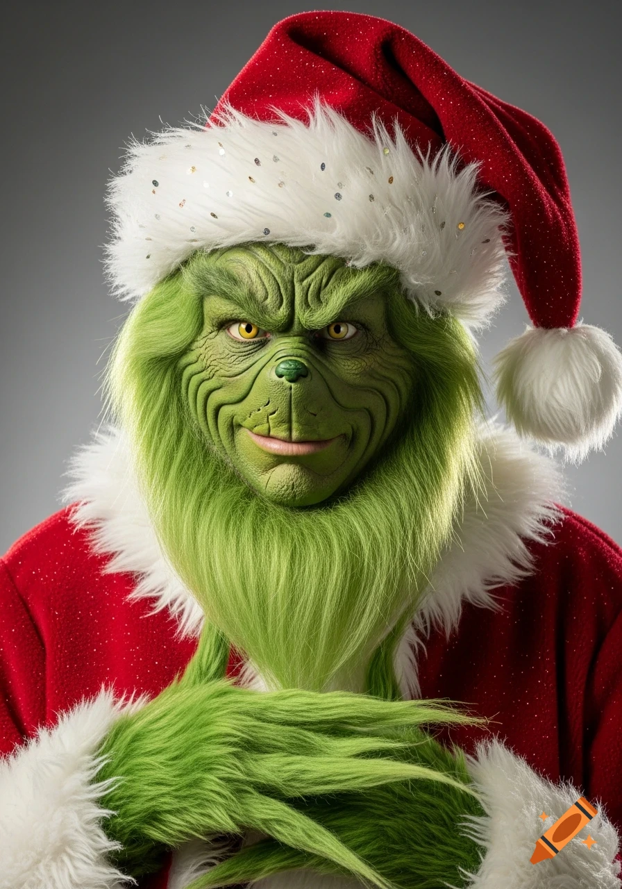 A photorealistic portrait of the Grinch with green skin and fur, wearing a red Santa suit and hat, smiling mischievously.