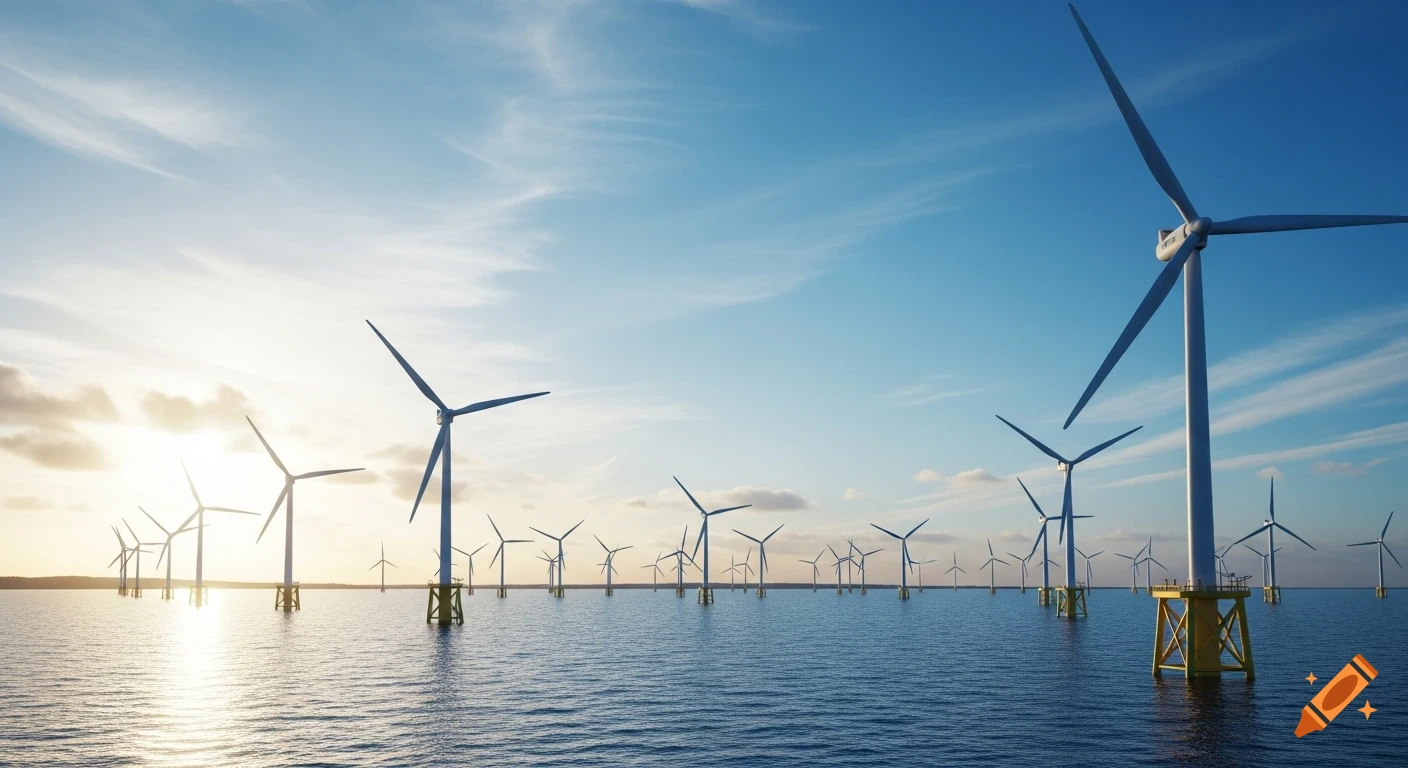 Photorealistic image of an offshore wind farm in the ocean at sunset with many turbines.