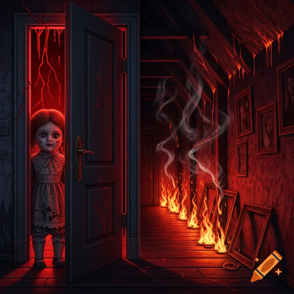 A creepy doll peeks from a doorway into a dark, fire-lit attic hallway with red glowing cracks and smoke, creating a horror scene.