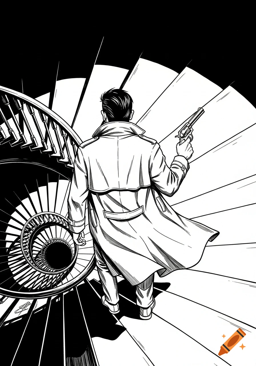 Black and white line drawing of a man in a trench coat, seen from behind, descending a spiral staircase while holding a gun.