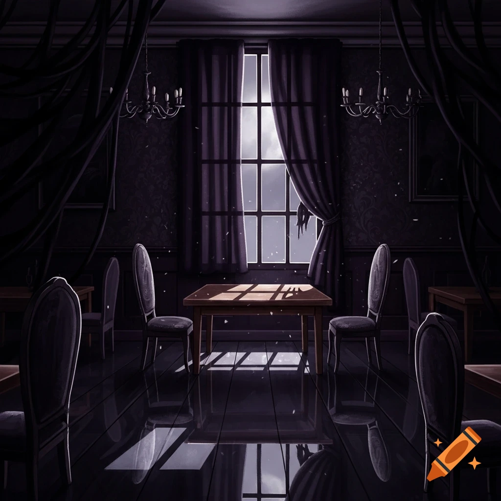 A dark, eerie restaurant interior with tables, chairs, and dramatic light from a large window illuminating the floor.