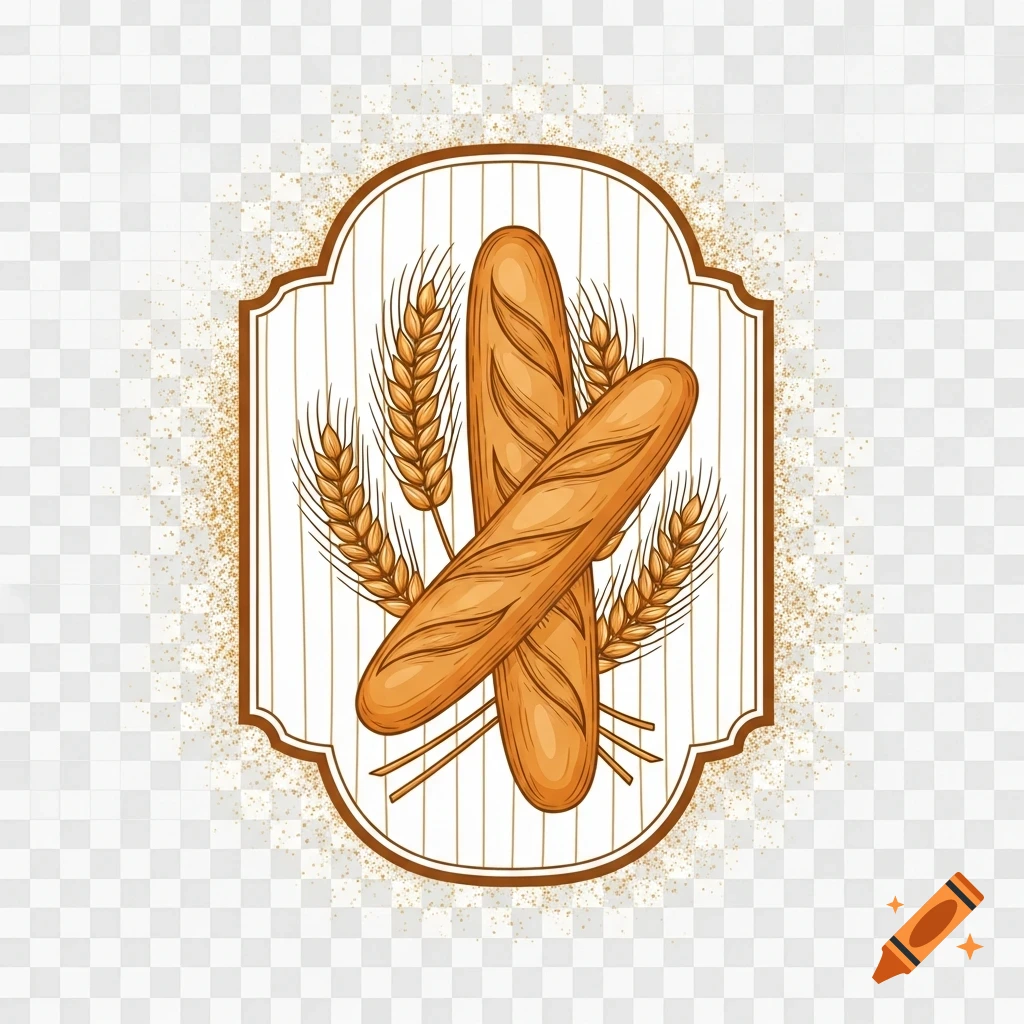 Vector logo of two baguettes and wheat stalks in a brown badge shape, with a transparent background.